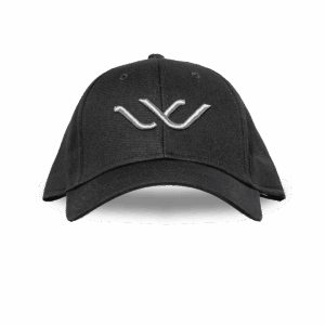 Low profile black baseball cap whisper embroidered logo silver