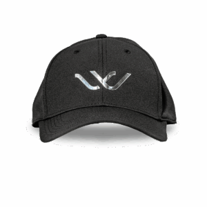 Embossed black hat whisper logo silver